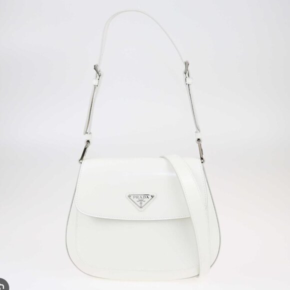 Prada White Cleo Brushed Leather Shoulder Bag with Flap - Picture 1 of 11